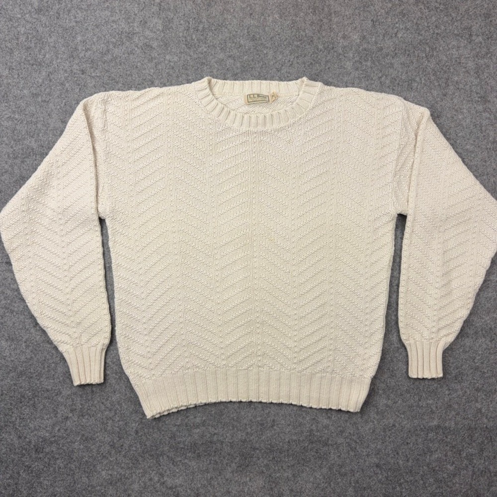 VTG LL Bean Sweater Mens Medium Cream Chevron Textured Cotton Knit USA Made 90s - Picture 2 of 11